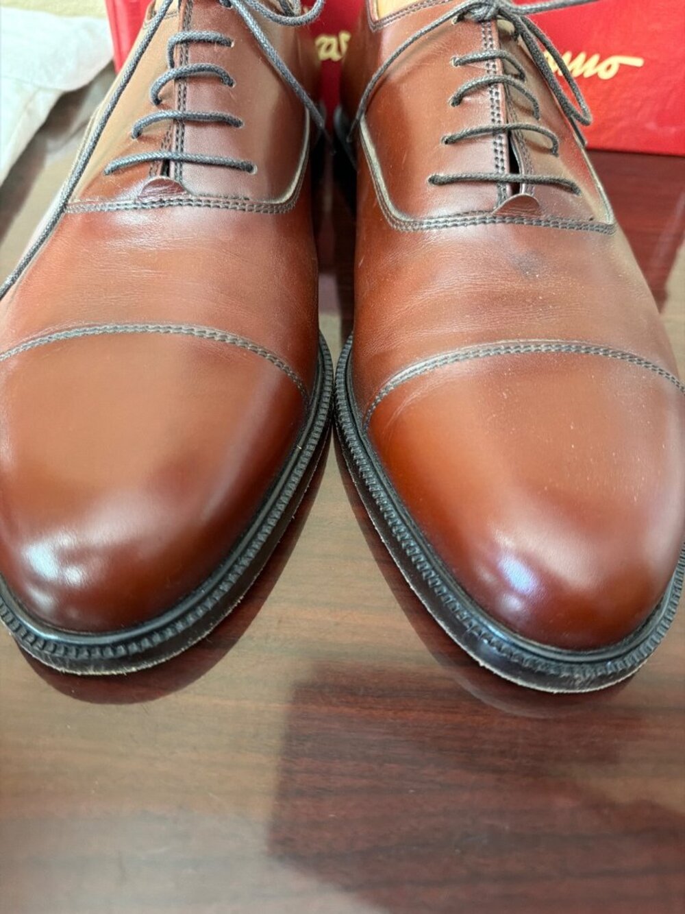 VTG Salvatore Ferragamo "Torre" Men's Tan Leather Cap Toe Oxfords Sz 10 w/Box - Picture 5 of 16